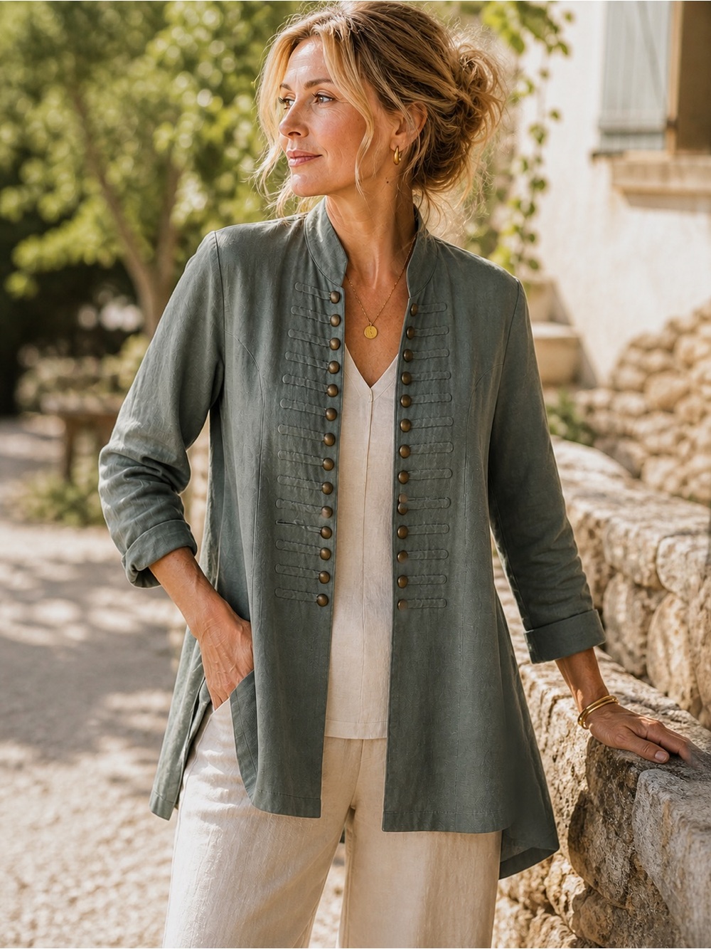 Linen Blend Military Style Jacket Sage Green Button Detail Minimalist Open Front